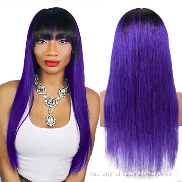 Pre Colored Human Hair Wigs With Bangs Pink Purple Blue Red Grey Green 99J Ombre Color Brazilian Hair Wigs For Black Women